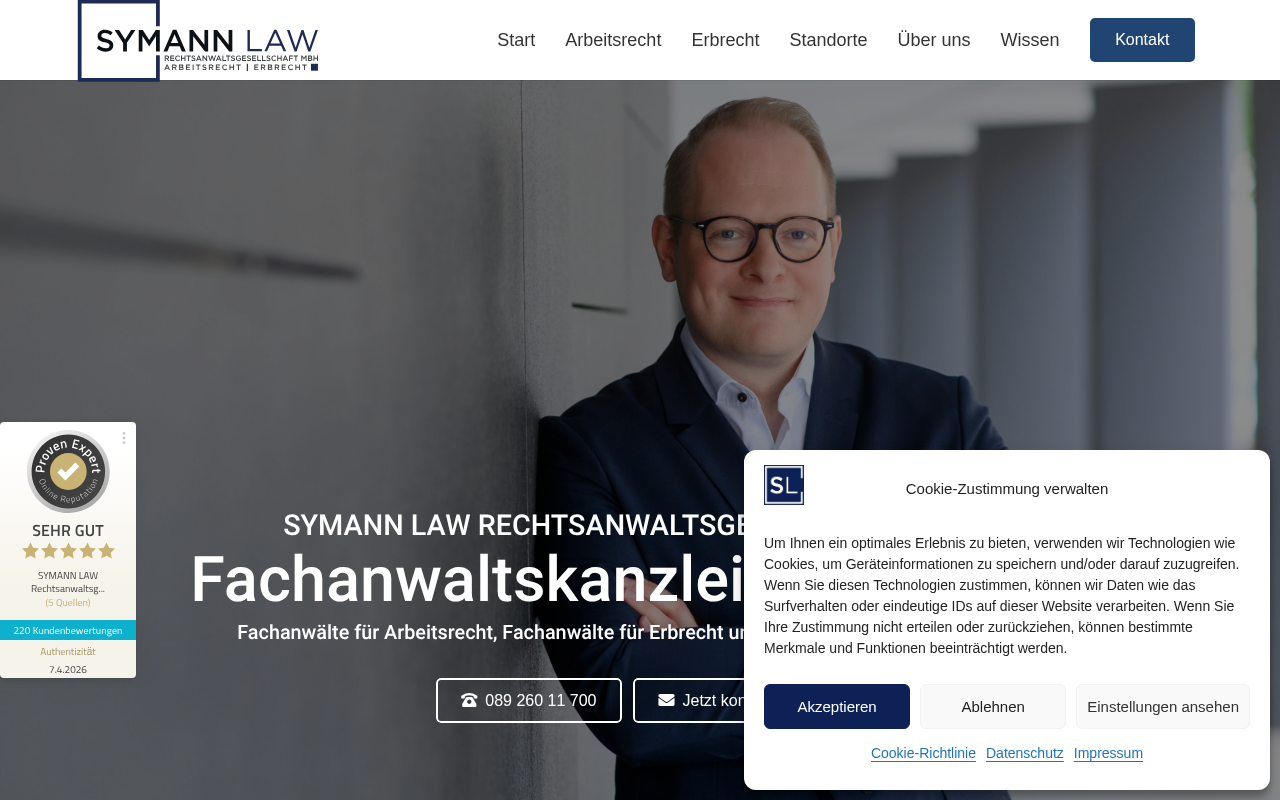 SYMANN LAW Rechtsanwaltsgesellschaft mbH | Fachanwälte für Arbeitsrecht, Erbrecht und Testamentsvollstrecker (DVEV) screenshot